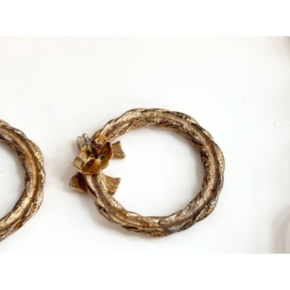 Gold Toned Braided Rope Bow Ribbon Vintage Post Back Holiday Themed Earrings - Picture 7 of 10